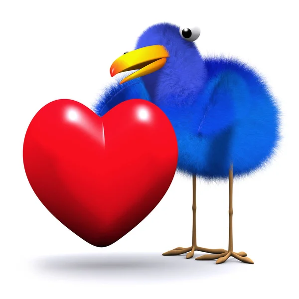 3D μπλε πουλί αγκαλιάζει μια καρδιά — Φωτογραφία Αρχείου