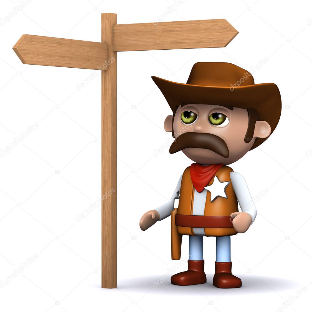 3d Cowboy sheriff looks at the roadsign