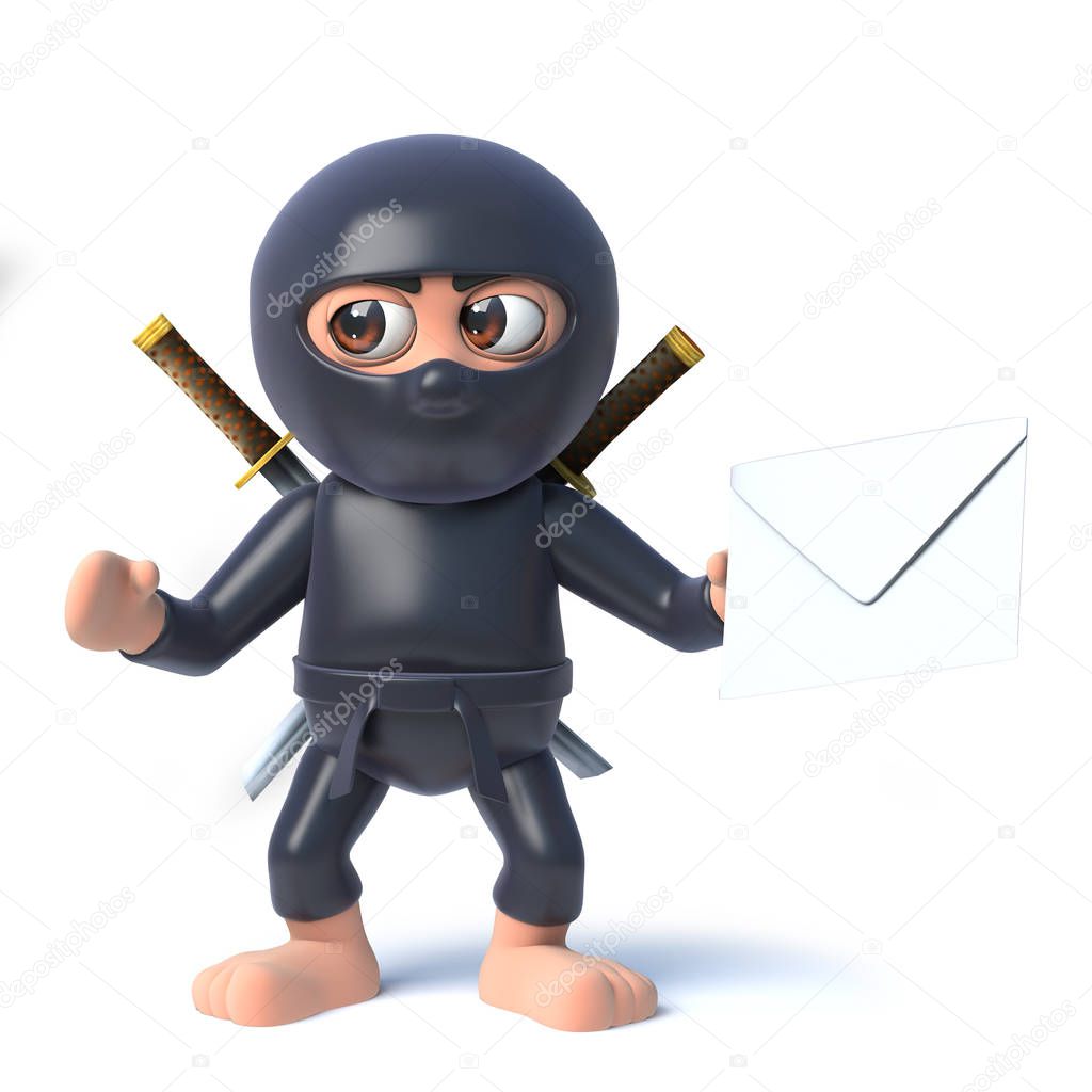 3d Funny cartoon ninja assassin warrior character holding an envelope mail message