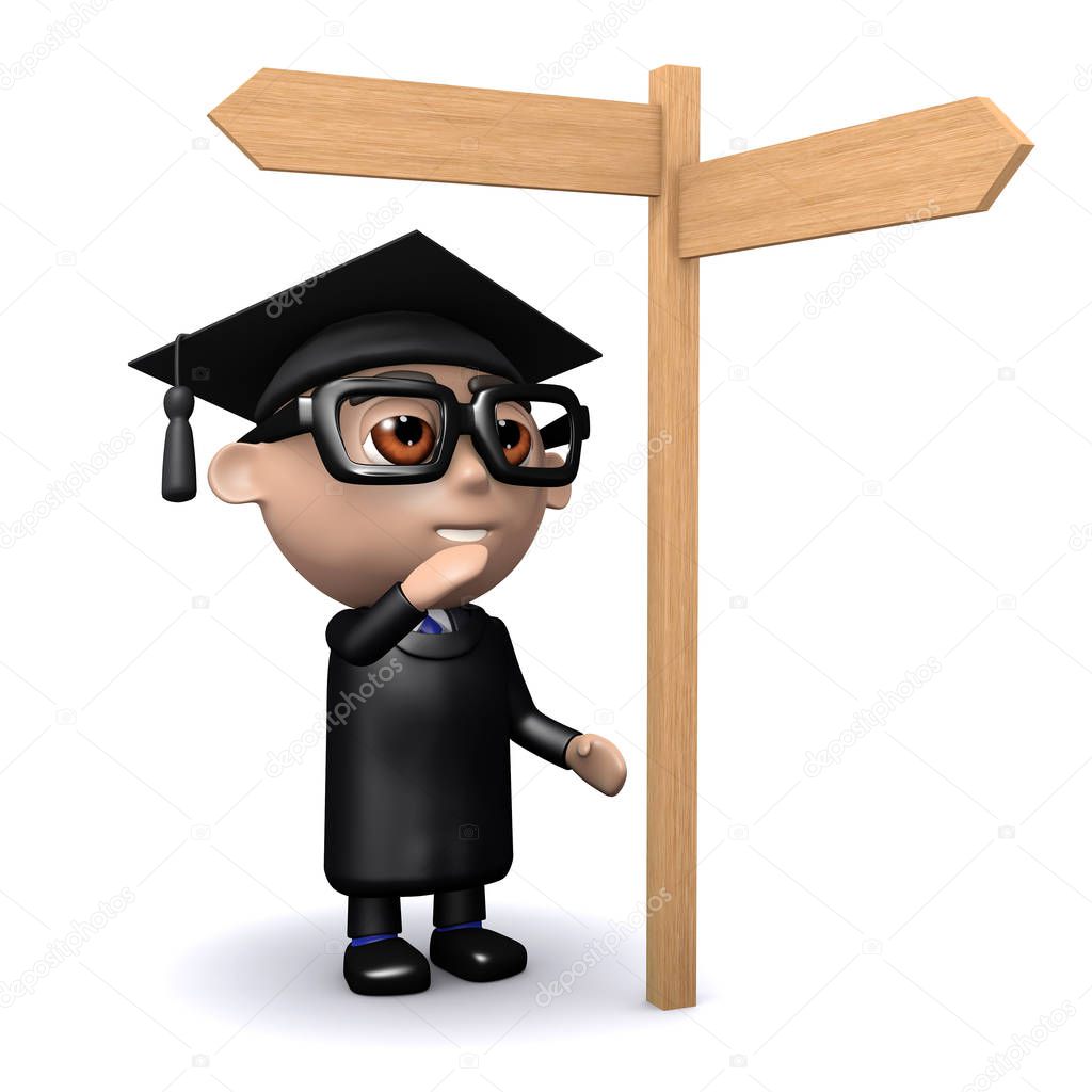 3d Graduate looks at the road sign