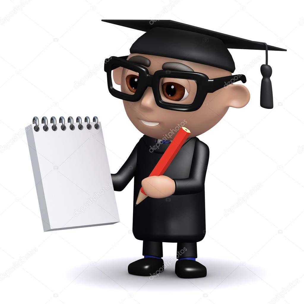 3d Graduate with notepad and pencil