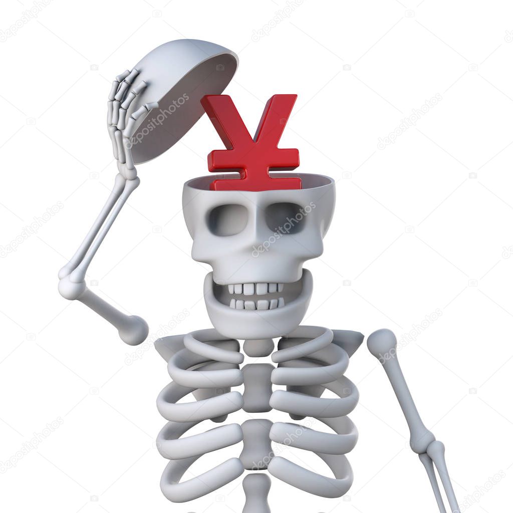 3d Skeleton has Yen currency symbol inside his skull