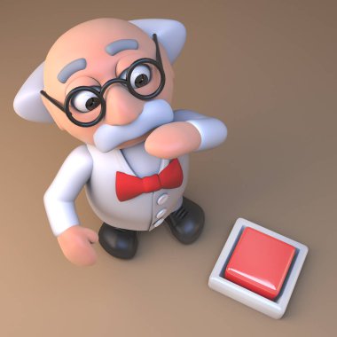 3d deli bilim adamı profesör çizgi film karakteri katta bir düğmeye bakarak, 3d illüstrasyon