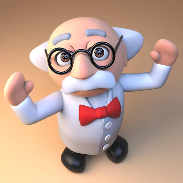 3d animando científico loco profesor personaje de dibujos animados, 3d ilustración — Foto de Stock