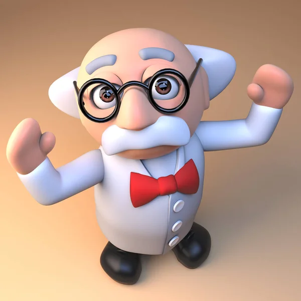 3d cheering mad scientist professor cartoon character, 3d illustration