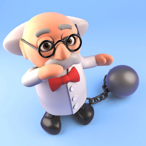 3d cartoon mad professor scientist character wearing a ball and chain, 3d illustration
