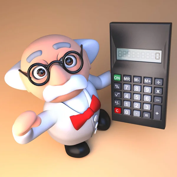 3d fou professeur scientifique personnage de dessin animé tenant une calculatrice numérique, illustration 3d — Photo