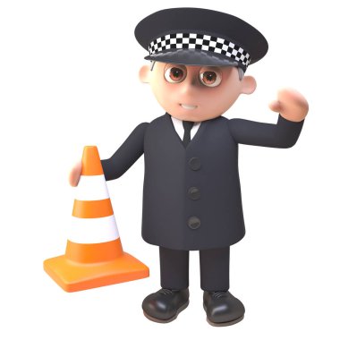 Bir trafik konisi tutan üniforma 3d polis karakteri, 3d illüstrasyon