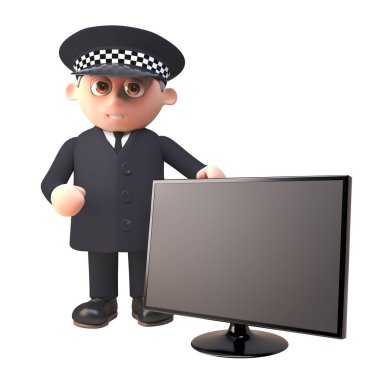 Bir geniş ekran düz ekran tv monitörü, 3d illüstrasyon tarafından ayakta üniforma 3d karikatür polis karakteri