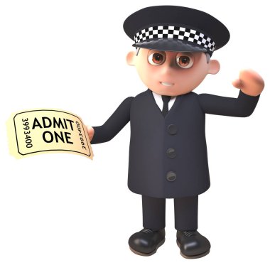 Üniformalı 3d karikatür polis bir giriş bileti tutan, 3d illüstrasyon
