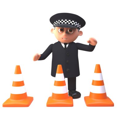 Trafik konileri, 3d illüstrasyon bir satır arkasında duran üniformalı 3d karikatür polis