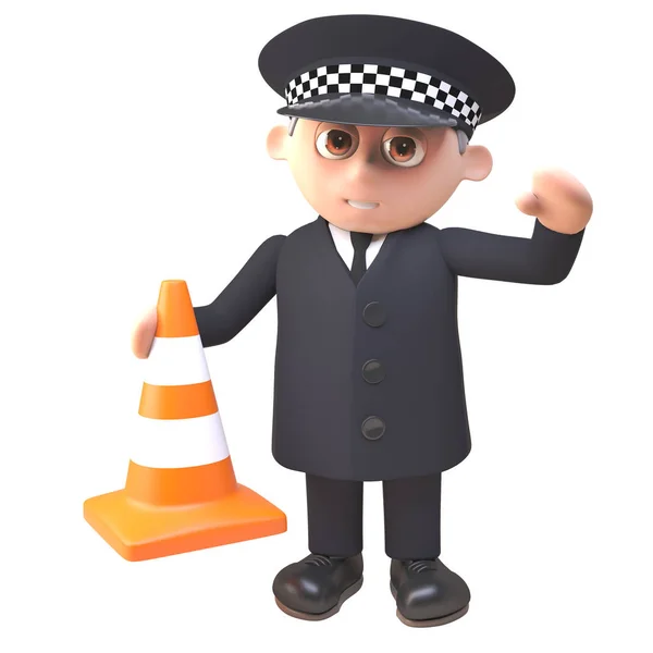 3D rendőr karakter egységes gazdaság egy közlekedési kúp, 3D illusztráció — Stock Fotó