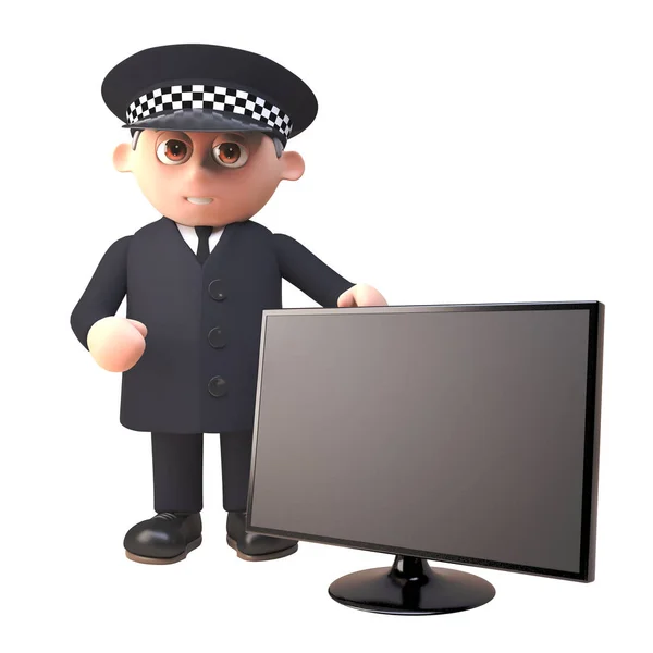 3d 卡通警察人物在统一站在宽屏平板电视显示器，3D 插图 — 图库照片