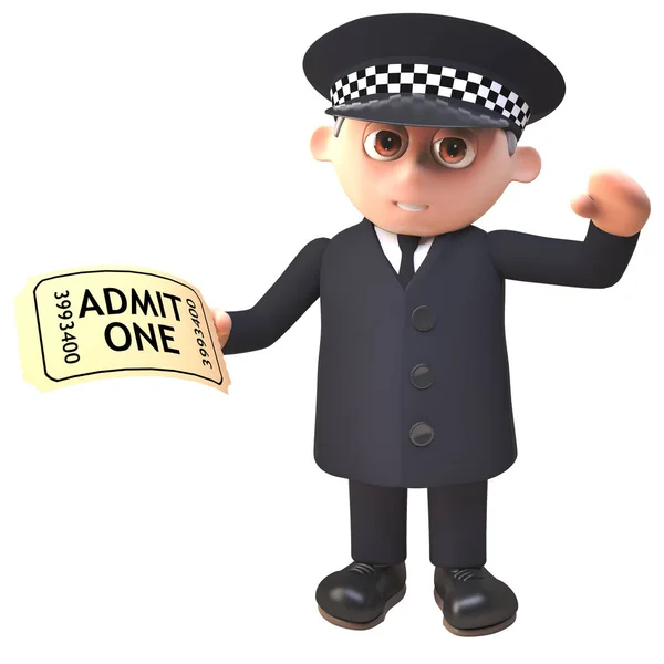 入場券を持った制服姿の3D漫画警官、3Dイラスト — ストック写真