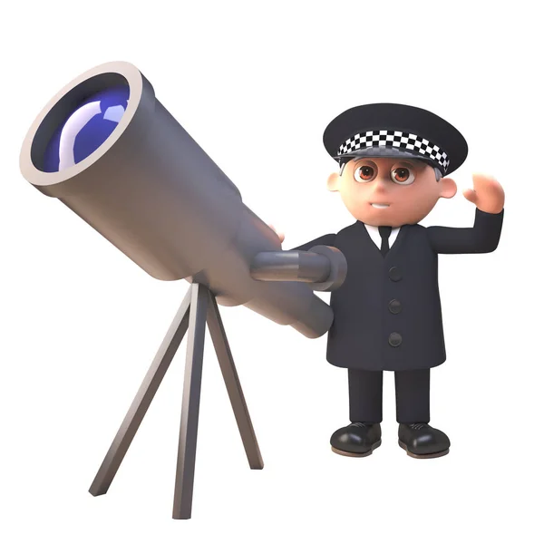 3D Cartoon politieagent karakter in uniform met een telescoop, 3D-illustratie — Stockfoto