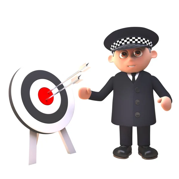 3d policial em uniforme de pé ao lado de um alvo com setas no alvo, ilustração 3d — Fotografia de Stock