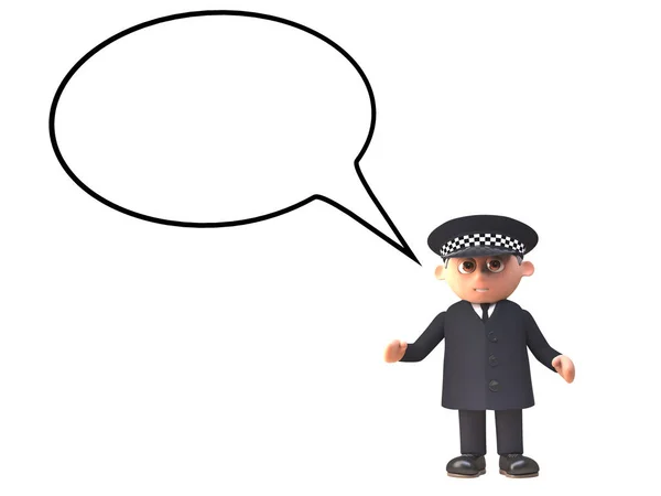 Personnage de policier de bande dessinée 3d en uniforme avec bulle de discours vierge, illustration 3d — Photo