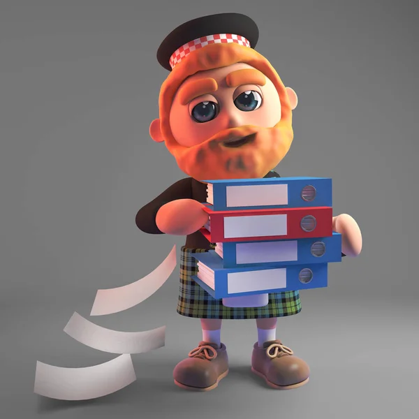 3d escocês homem em kilt com esporran perde alguns arquivos das pastas que ele está carregando, ilustração 3d — Fotografia de Stock