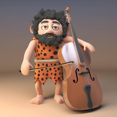 3d komik çizgi film caveman karakter çello, 3d illüstrasyon oynarken