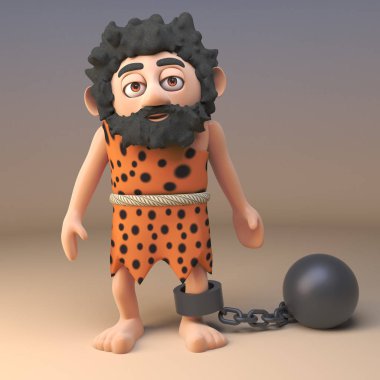 Bir top ve zincir, 3d illüstrasyon giyen 3d karikatür caveman karakter