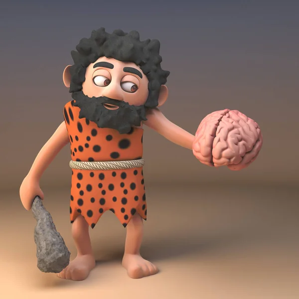 3d глупый пещерный персонаж держа клуб и человеческий мозг, 3d иллюстрация — стоковое фото