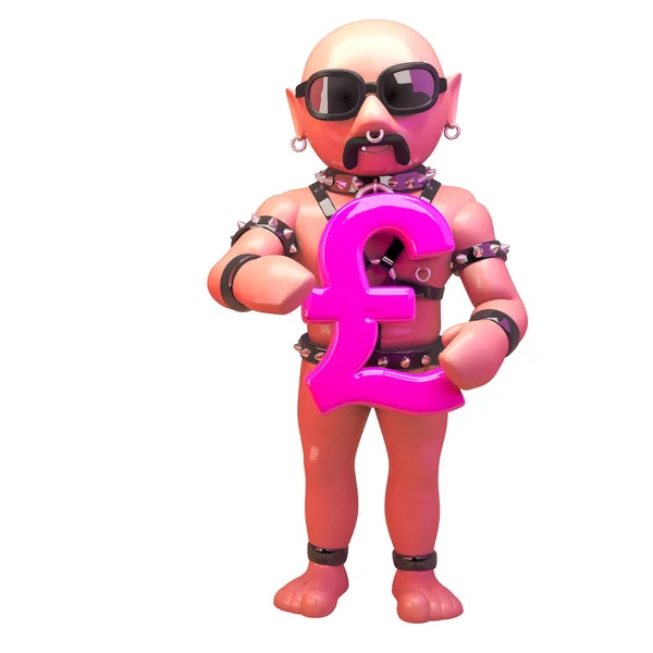 3d 恋物癖同性恋男子在皮革服装持有 UK 英镑货币符号， 3d 插图 — 图库照片