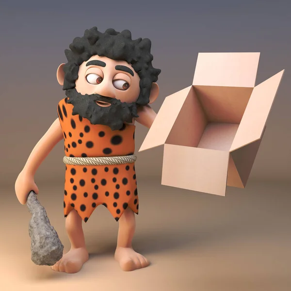 Primitivo personaje de cavernícola 3d buscando en un cartón caja de cartón vacía, ilustración 3d — Foto de Stock