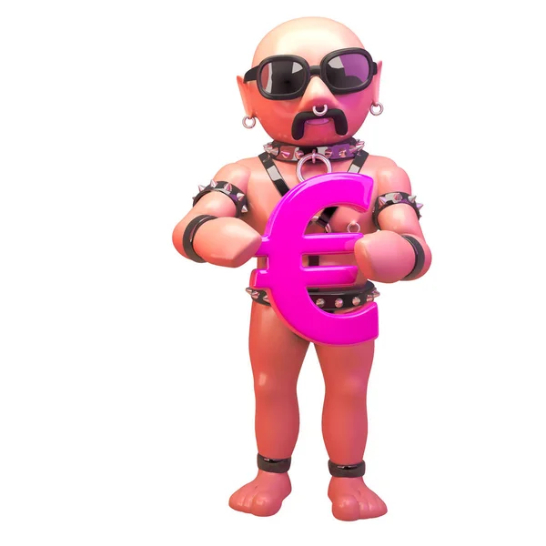 ピンクのユーロ通貨記号を持つ3Dフェティッシュゲイレザー男、3Dイラスト — ストック写真