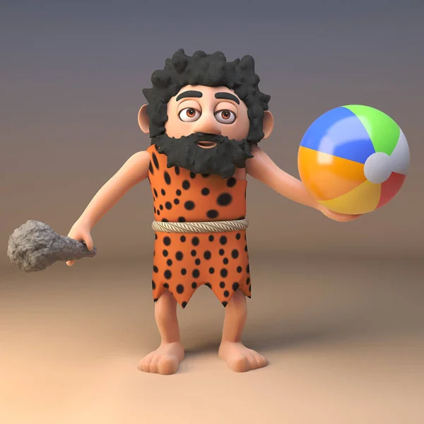 3D divertente personaggio cavernicolo cartone animato con un club e beach ball, illustrazione 3d — Foto Stock