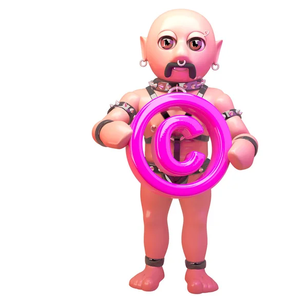 3d 恋物癖同性恋男子在皮革服装持有粉红色的版权符号，3d插图 — 图库照片
