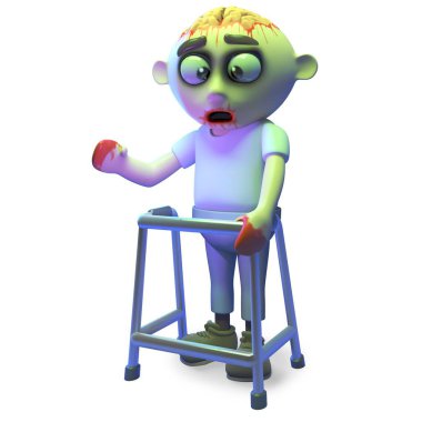 Scarey undead zombi canavar bugün bir yürüyüş çerçevesi kullanıyor, 3d illüstrasyon