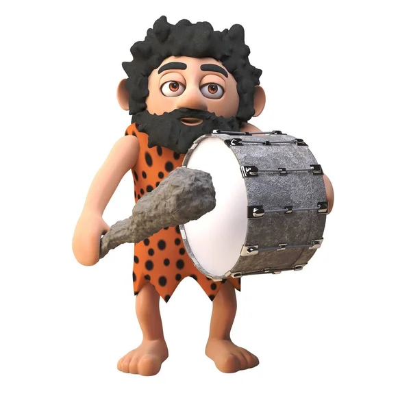 Śmieszne 3D Cartoon prehistoryczny charakter jaskiniowiec grając bęben basowy z jego klubu, ilustracja 3D — Wektor stockowy