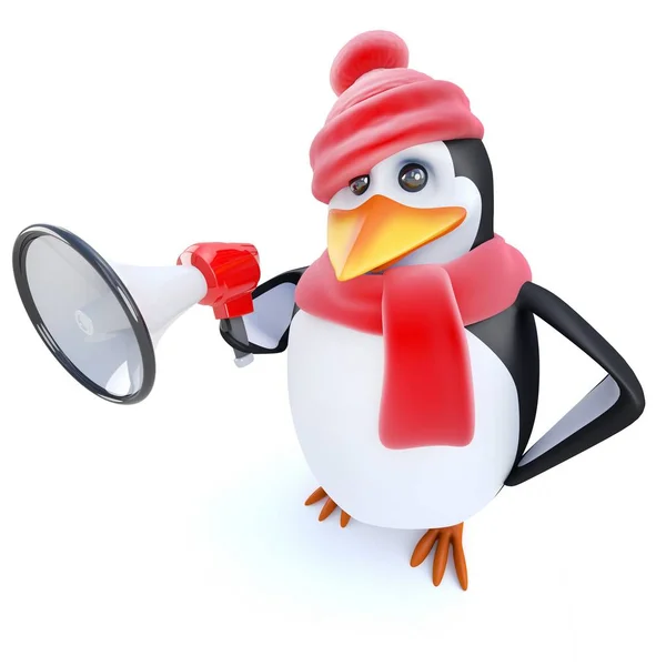 3d Funny cartoon penguin character dressed for winter and holding a megaphone — Stock Vector