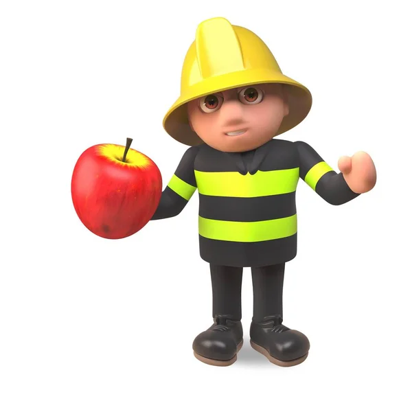 Pompier 3D personnage de pompier dans des vêtements de haute visibilité manger une pomme rouge, illustration 3D — Image vectorielle