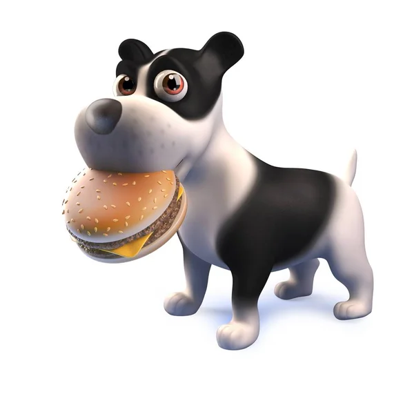 Cãozinho bonito personagem de desenho animado do cão preto e branco em 3d comer um hambúrguer de queijo — Vetor de Stock