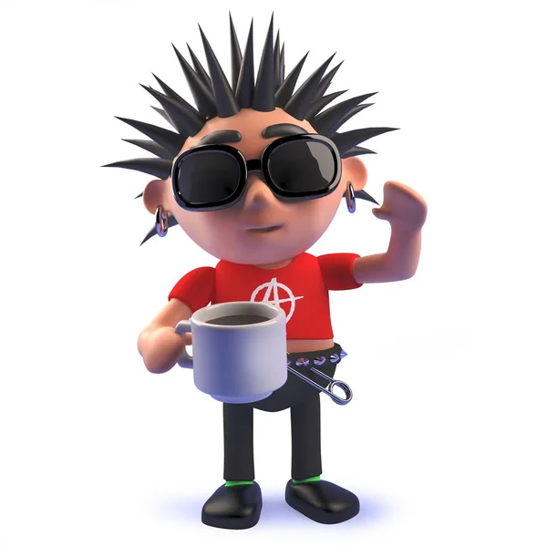 Cartoon punk rocker 3d character drinking a cup of coffee — Stock Vector