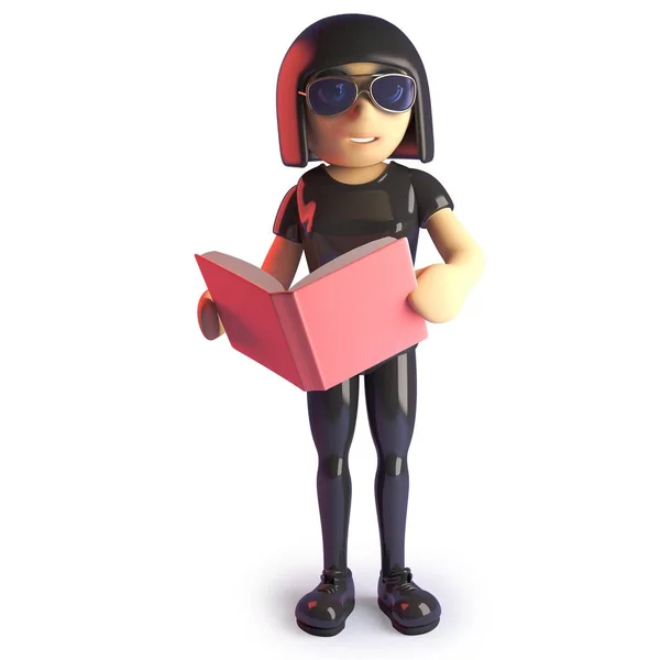 Cool goth flicka läsa en bok för sina studier, 3D illustration — Stock vektor