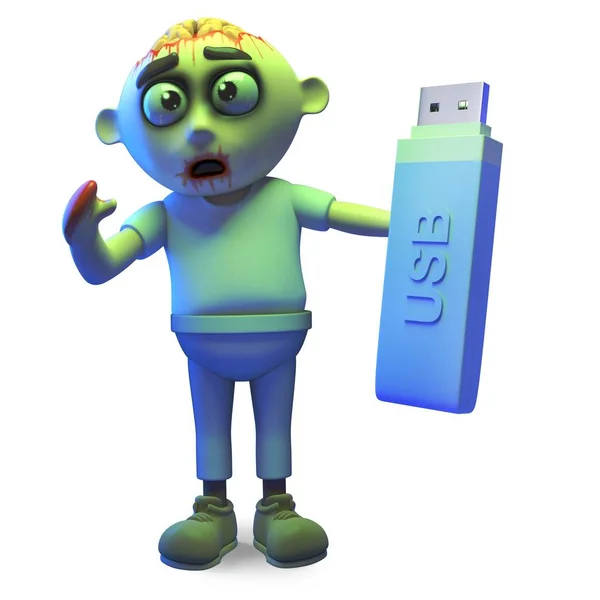 Efficiënt Zombie monster houdt gegevens op een USB-stick, 3D-afbeelding — Stockvector