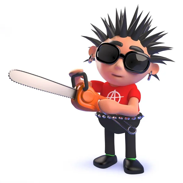Punk rockero personaje de dibujos animados en 3d jugando con una motosierra — Vector de stock