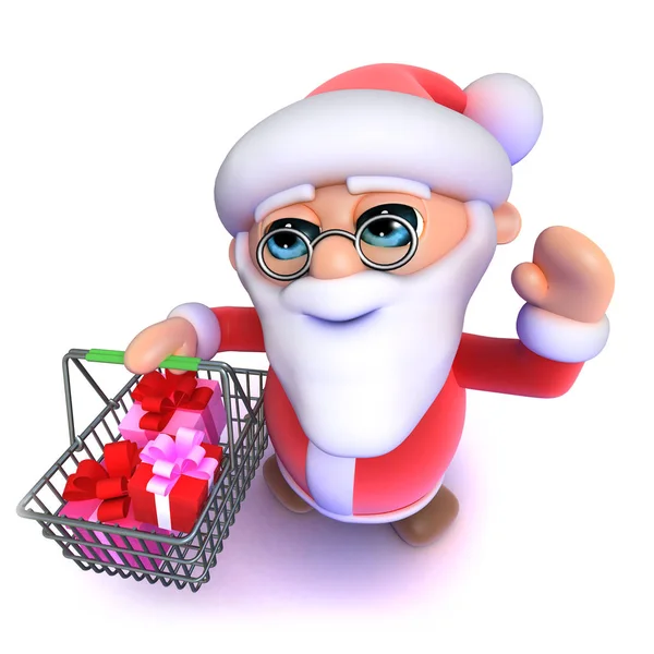 3D 재미있는 만화 산타 클로스는 자신의 바구니와 함께 쇼핑을가는 — 스톡 벡터