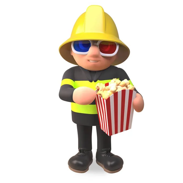 Pompier pompier personnage dans des vêtements de haute visibilité manger du pop-corn tout en regardant un film 3d, illustration 3d — Image vectorielle