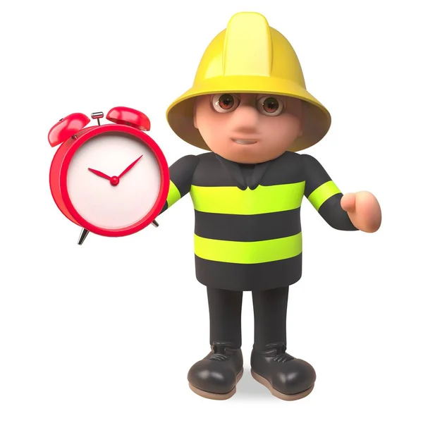 Bátor hős tűzoltóként tűzoltó karakter beállítása az ébresztőórát, 3D illusztráció — Stock Vector