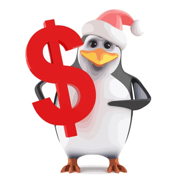 Pinguim de Santa 3d segurando um símbolo de dólar americano —  Vetores de Stock
