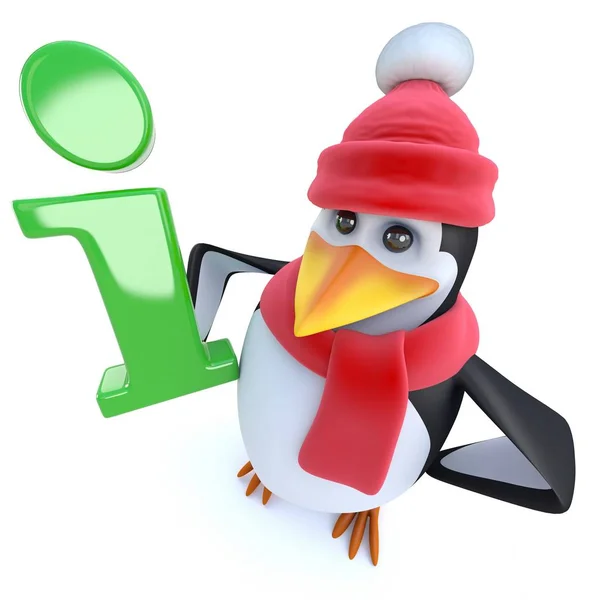 3d Funny cartoon winter penguin holding an information symbol — Stock Vector