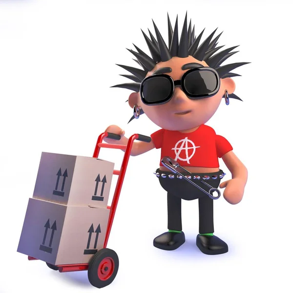 Punk rockero personaje de dibujos animados 3d entrega de paquetes en un carro de mano — Vector de stock