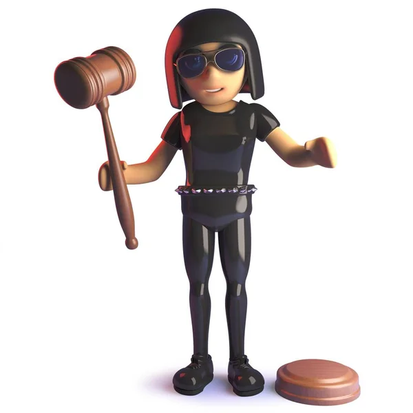 Gótico 3d menina em látex jumpsuit personagem cartoon segurando um martelo leilão —  Vetores de Stock