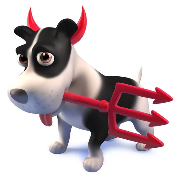 Cão dos desenhos animados usando chifres do diabo e segurando um tridente, ilustração 3d — Vetor de Stock