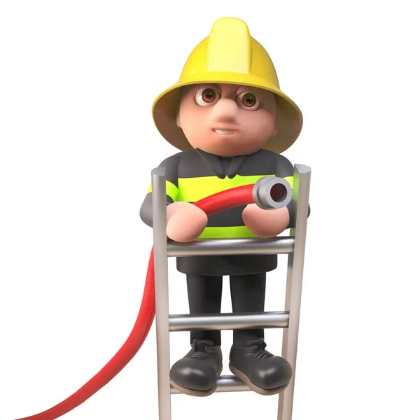 Bravo bombero personaje bombero luchando contra un fuego con una manguera por una escalera, ilustración 3d — Vector de stock