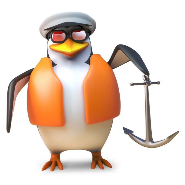 Pingouin marin en gilet de sauvetage et casquette de marin tenant une ancre, illustration 3D — Image vectorielle