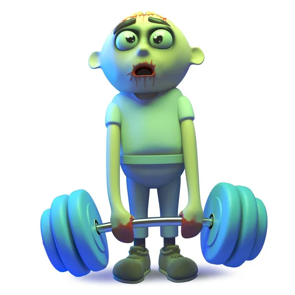 Estúpido monstruo zombi muertos vivientes ponerse en forma levantando pesas, 3d ilustración — Vector de stock